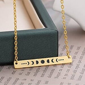 Yellow Gold Plated Celestial Necklace‎ w/ Moon Phase Bar Necklace, 16-18”